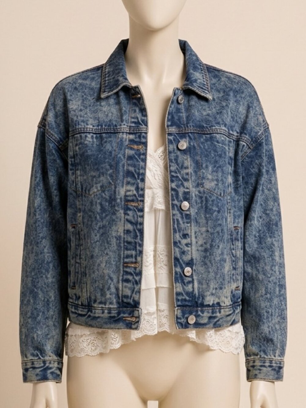AUTOMET Women's Cropped Vintage Blue Washed Denim Jacket L Cotton Trucker